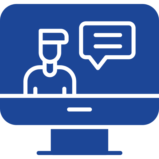 Blue icon of a computer with a speech bubble.